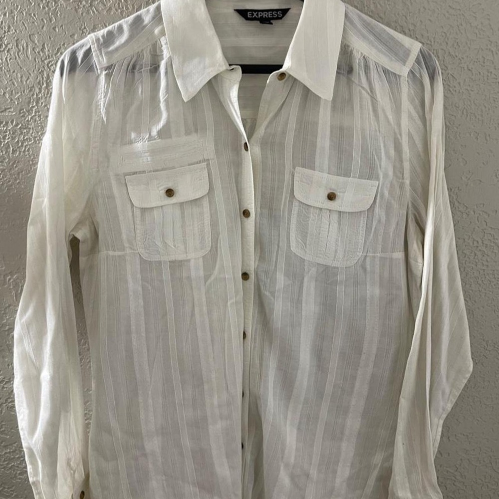 Express Women's White Sheer Button-Up Long Sleeve Vertical Stripes Medium